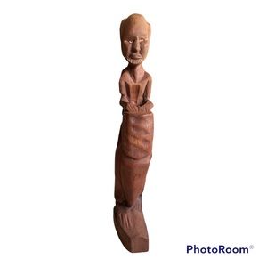 Haitian Vintage Carved Wood Man with Drum Detailed Figurine 11 in Tall